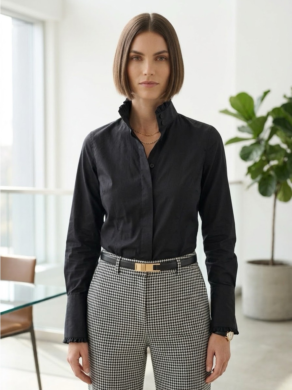 Pink Tartan Black Cotton Ruffle Collar Button-Up Shirt - US 8